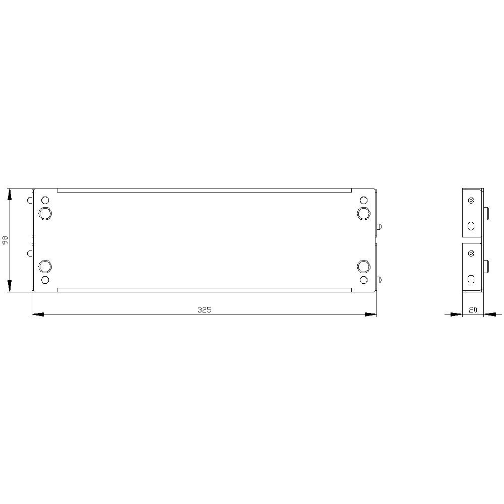 Rysunek techniczny prostokątnego elementu metalowego z wymiarami: długość 325 mm, szerokość 39 mm, wysokość 20 mm. Widok z góry i widok z boku.
