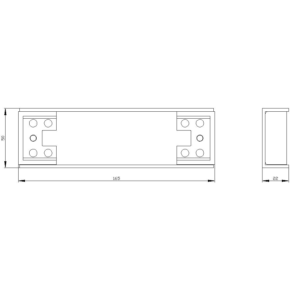 Rysunek techniczny prostokątnego elementu o wymiarach 165 x 50 x 22 mm, z wieloma otworami na obu końcach.