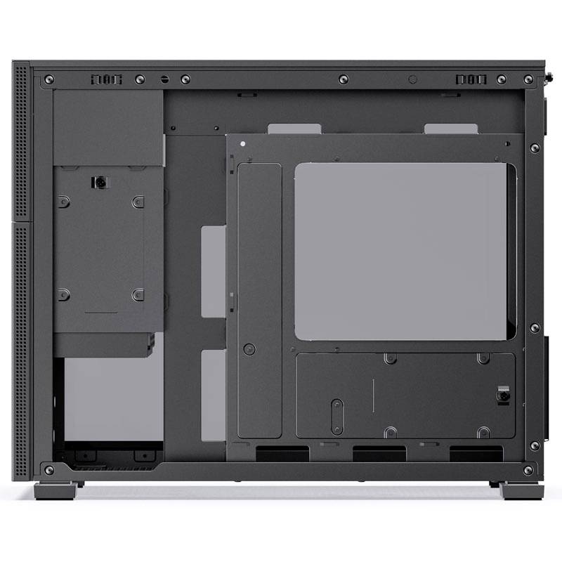 Pusta obudowa komputerowa wykonana z czarnego metalu, bez jakichkolwiek podzespołów, gotowa do zainstalowania sprzętu.