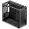 Czarna obudowa komputerowa bez komponentów, prezentująca boczne panele oraz wnętrze przeznaczone do montażu podzespołów sprzętowych.