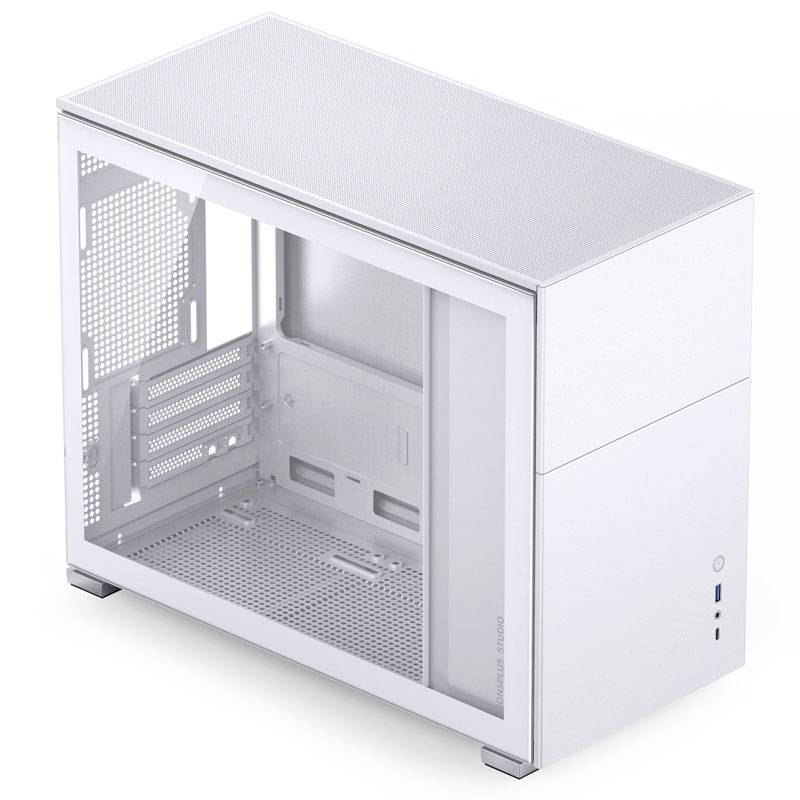 Otwarta, biała obudowa komputera z przezroczystą boczną ścianką oraz wieloma portami z przodu.