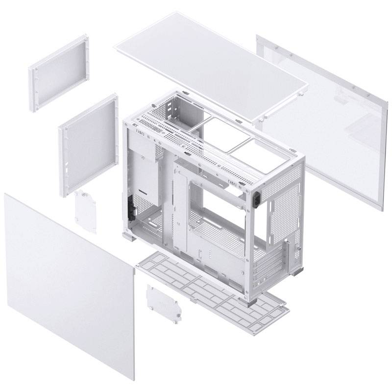 Widok rozstrzelony białej obudowy komputerowej z odejmowalnymi panelami i ramą. Prezentuje szczegóły strukturalne i budowę.