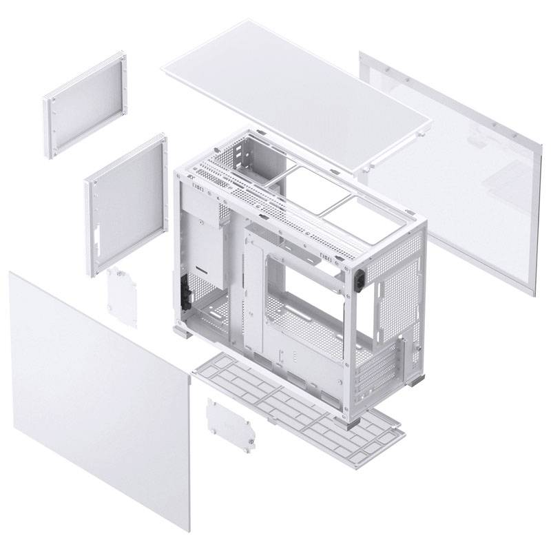 Diagram rozstrzelony obudowy komputera z widocznymi komponentami, takimi jak boczne panele, górna i dolna pokrywa oraz struktura wewnętrzna.