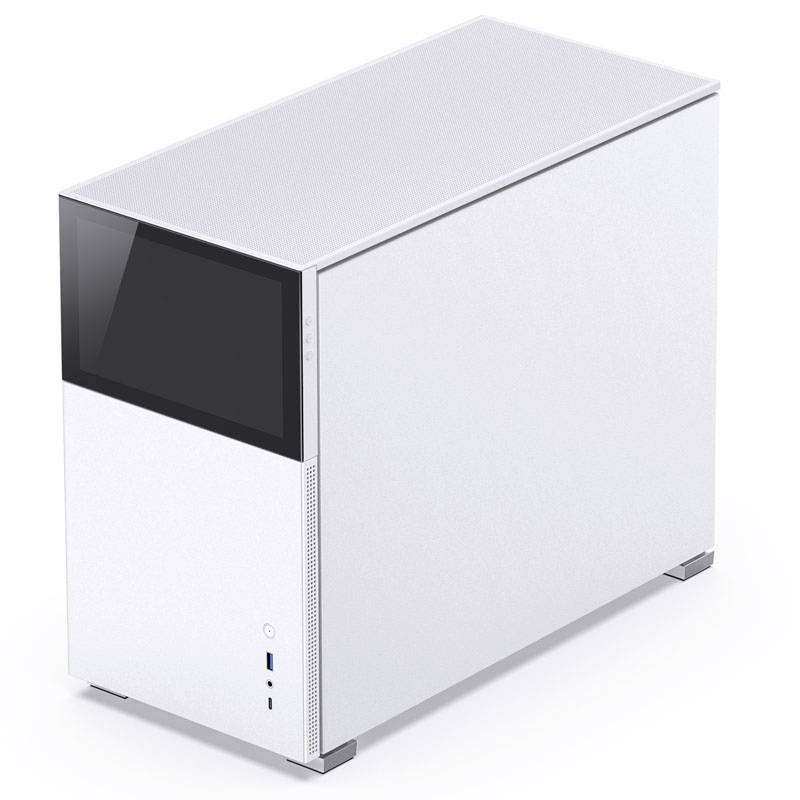Nowoczesna, biała obudowa komputera o minimalistycznym designie. Obudowa posiada duże, czarne okno boczne umożliwiające wgląd w komponenty.