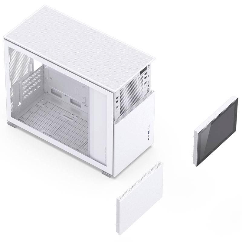 Białą obudowę komputera z zdejmowanymi panelami, sfotografowaną z góry. Dwa zdjęte panele są ułożone obok niej.