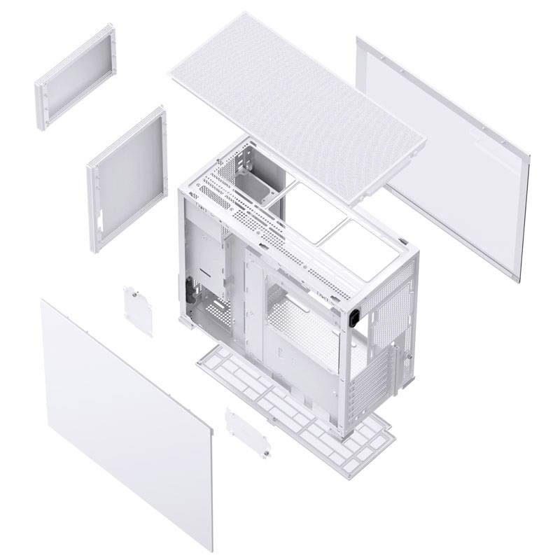 'Widok eksplodowany obudowy komputera z wieloma zdemontowanymi elementami, w tym panelami bocznymi oraz górną i dolną pokrywą.'