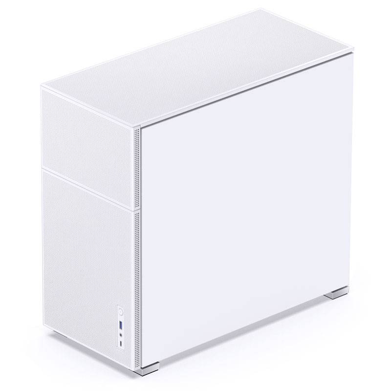 Prosty, biały komputer stacjonarny o minimalistycznym designie, umieszczony na gładkim tle. Posiada złącza na przedniej ściance obudowy.