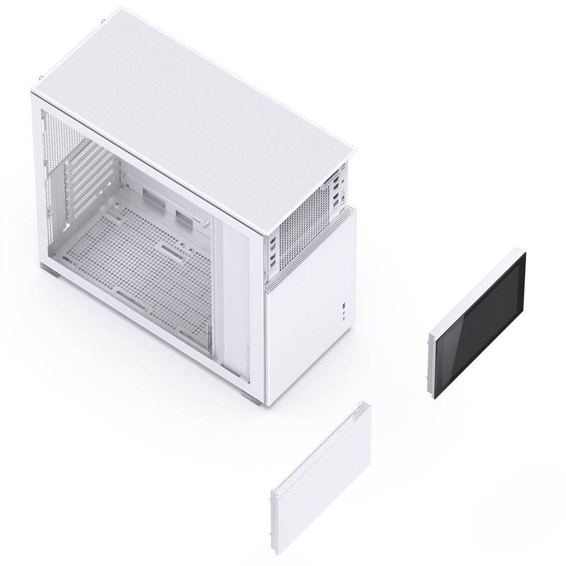 Białe obudowa komputerowa z usuniętymi płytami bocznymi i czołowymi, które są osobno pokazane obok niej.