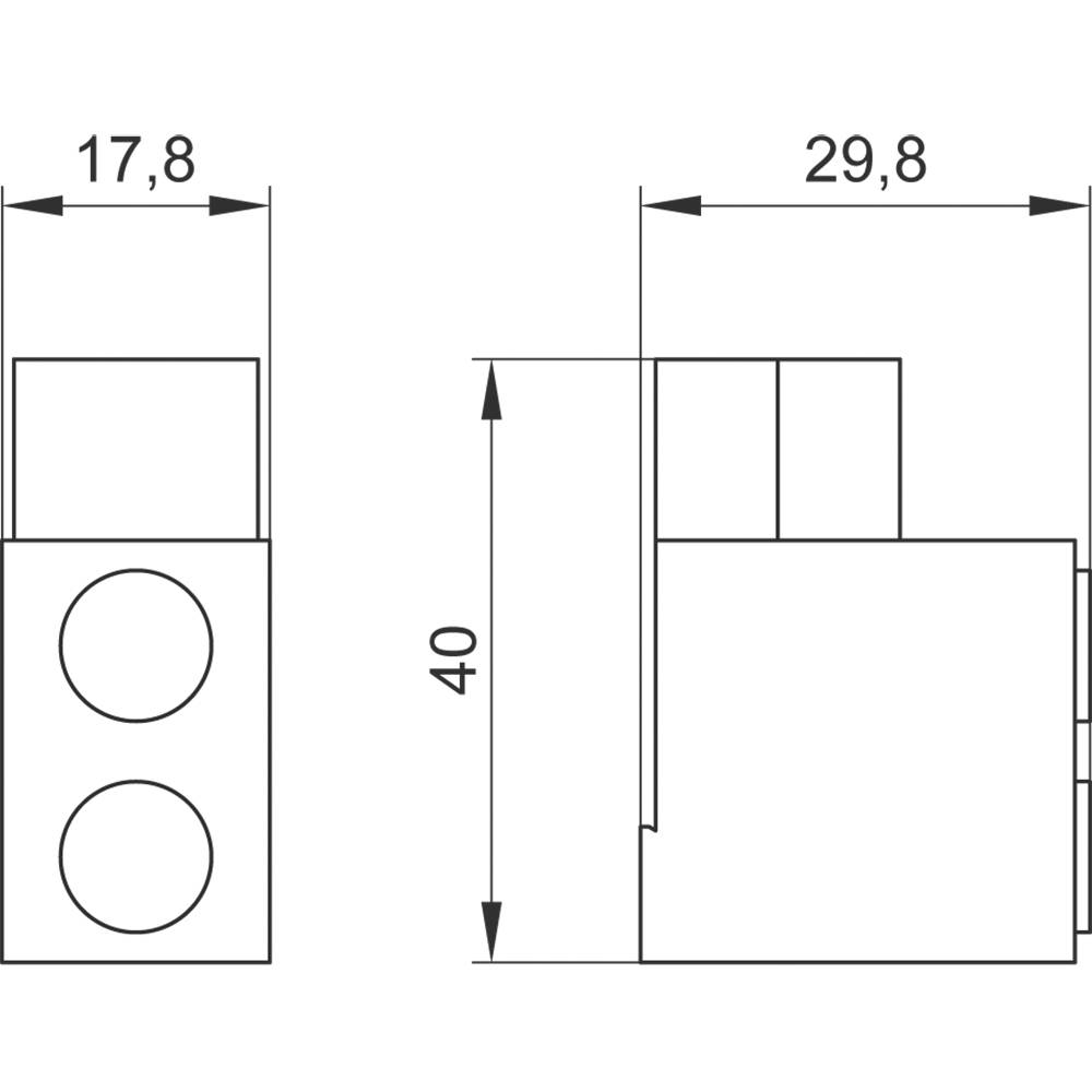 Rysunek techniczny prostopadłościennego elementu z wypustkami o kształcie koła. Wymiary: 17,8 mm x 40 mm x 29,8 mm.