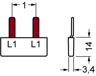 Rysunek techniczny: Dwa czerwone kołki na białej podstawie z napisem 'L1'. Wymiary: szerokość 1, wysokość 14, głębokość 3,4.