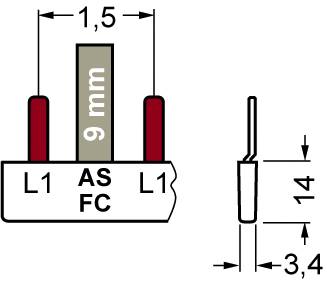 Rysunek techniczny złącza elektrycznego z opisami: Szerokość 1,5 mm, Wysokość 14 mm, Odstęp między stykami 9 mm.