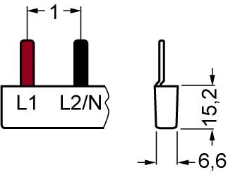 'Schemat pokazuje podłączenie dwubiegunowe: L1 na czerwono, L2/N na czarno. Wymiary: szerokość 1 mm, wysokość 15,2 mm, głębokość 6,6 mm.'