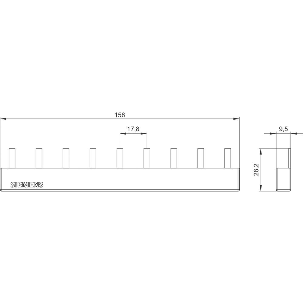 Rysunek przedstawia projekt techniczny prostokątnej belki z dziewięcioma równomiernie rozmieszczonymi zębami. Wymiary: 158 mm długości, 28,2 mm wysokości, 9,5 mm szerokości.