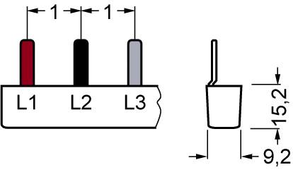 Ilustracja obwodu elektrycznego z trzema liniami pionowymi: L1 (czerwony), L2 (czarny), L3 (szary). Wymiary: szerokość 1, wysokość 15,2.