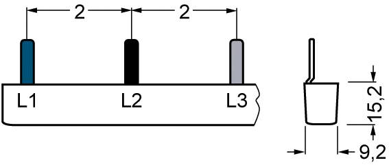 Rysunek przedstawia diagram z trzema pionowymi słupkami, oznaczonymi jako L1, L2 i L3. Odległości wynoszą 2 jednostki, wysokość 15,2 mm, a szerokość 9,2 mm.