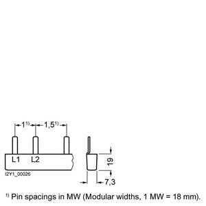 Diagram przedstawia listwę pinową z odstępami: 1,5 jednostki między pinami, całkowita wysokość 16 mm, szerokość 7,3 mm. Uwaga: 1 jednostka odpowiada 18 mm szerokości.