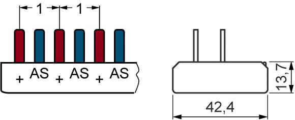 Diagram złącza z trzema czerwonymi i dwoma niebieskimi pinami, oznaczony etykietą '+AS'. Wymiary boczne: 42,4 mm długości, 13,7 mm wysokości.