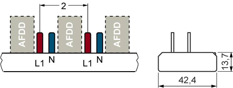 Rysunek przedstawia elektryczny układ z trzema elementami AFDD. Oznaczonymi jako 'L1', 'N'; wymiary: 42,4 mm szerokości, 13,7 mm wysokości.