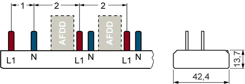 Schemat elektrycznej instalacji z trzema przewodami i dwoma urządzeniami ochronnymi AFDD. Po lewej stronie widok z boku z wysokością elementów.