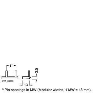 Diagram przedstawia rozstaw pinów w szerokościach modularnych z wymiarami: 13 mm w poziomie i 3,5 mm w pionie. „1 MW = 18 mm" wyjaśnia jednostki.