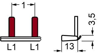 Rysunek techniczny przedstawiający dwa pionowe, czerwone cylindry na wspólnej podstawie. Po lewej stronie oznaczenie L1, po prawej stronie wymiary: 3,5 i 13.