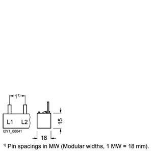 'Symbol elektryczny z dwoma pinami, L1 i L2, o rozstawie 18 mm w MW (szerokościach modułowych), wysokości 15 mm.'