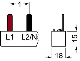 Rysunek techniczny wtyczki z widokiem bocznym i czołowym z wymiarami: szerokość 18 mm, wysokość 15 mm. Styki L1 oraz L2/N.