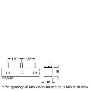 Diagram przedstawia odległości między gniazdami L1, L2, L3 w szerokościach modułowych (MW), przy czym między pinami zachowano odstęp 1,5 MW. Wysokość modułu wynosi 15 mm.