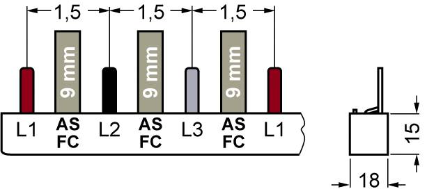 Diagram przedstawia pięć pionowych przełączników na listwie, oznaczonych jako 'L1', 'L2', 'L3' o wymiarach: 1,5 mm odstępu, 9 mm szerokości, 15 mm wysokości.