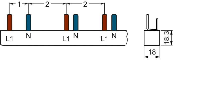 Schemat bloku dystrybucji prądu z trzema fazami (L1) i przewodem neutralnym (N). Wymiary: 18 mm szerokości, 18,3 mm wysokości.