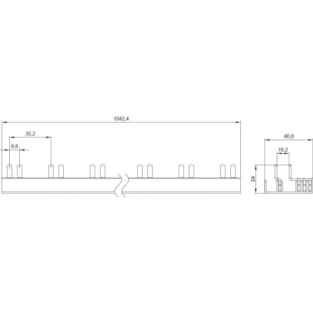 Rysunek techniczny części z wymiarami: szerokość 1042,4 mm, wysokość 35,2 mm, głębokość 36,6 mm. Widok z boku i z przodu.