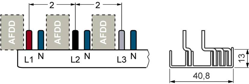 Diagram przedstawia montaż urządzeń 'AFDD' na szynie. Po lewej stronie pokazane są fazy L1, L2, L3 oraz przewód neutralny N. Po prawej stronie: przekrój poprzeczny z wymiarami.
