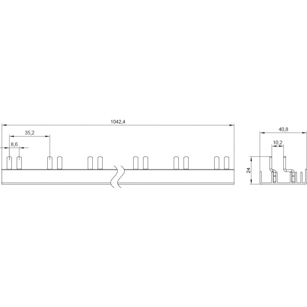 Rysunek techniczny profilu z wymiarami: długość 1042,4 mm, wysokość 24 mm, szerokość 35,2 mm. Przekrój poprzeczny przedstawia żebra i wcięcia.
