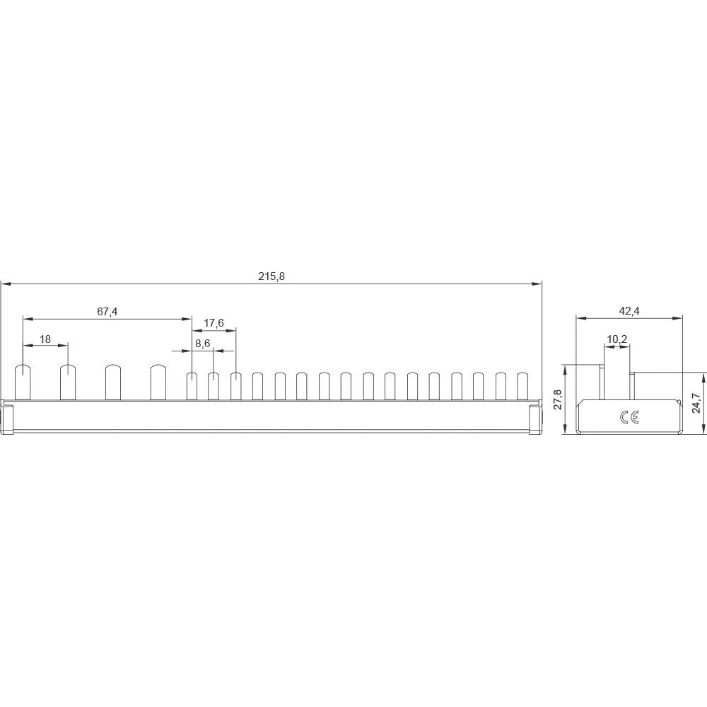 Rysunek techniczny elementu z wymiarami. Widok z boku przedstawiający długości 215,8 mm i 42,4 mm. Wymiary w milimetrach.