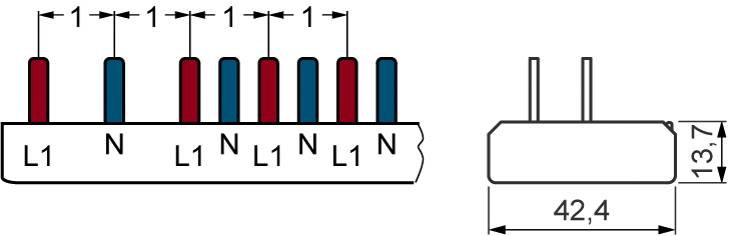 Schemat połączeń elektrycznych z naprzemiennie czerwonymi i niebieskimi pinami, oznaczonymi jako 'L1' i 'N'. Wymiary: 42,4 mm szerokości, 13,7 mm wysokości.