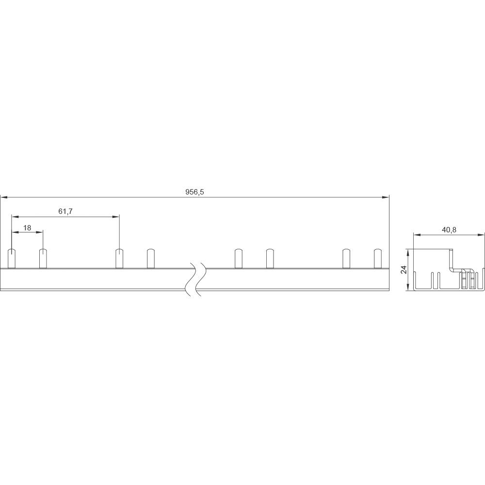 Rysunek techniczny profilu metalowego z wymiarami: długość 956,5 mm, wysokość 24 mm, szerokość 40,8 mm. Oznaczenia przy odległości 61,7 mm.