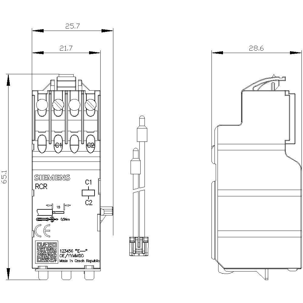Rysunek techniczny wyłącznika Siemensa ze szczegółowymi wymiarami: szerokość 25,7 mm, wysokość 151 mm, zawierający złącza C1 i C2.