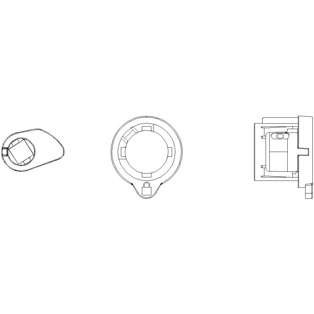 Rysunek techniczny: Trzy widoki elementu mechanicznego. Po lewej widok z góry, pośrodku widok z przodu, po prawej przekrój.