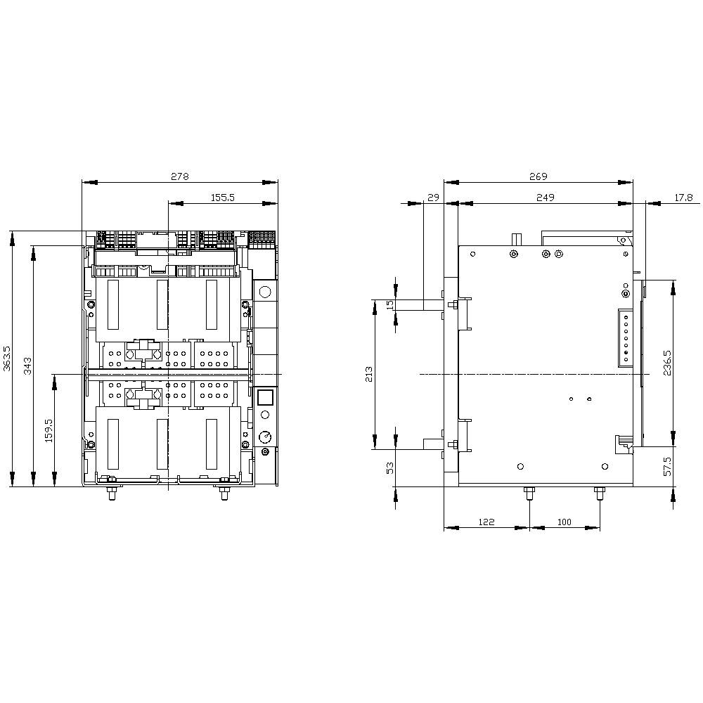 'Rysunek techniczny urządzenia elektrycznego widziany z przodu i z góry. Przedstawiono wymiary i rozmieszczenie elementów.'