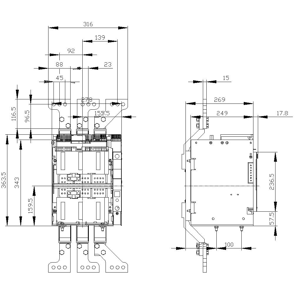 Rysunek techniczny przełącznika z wymiarowaniem w milimetrach. Widok z przodu i z boku przedstawia szczegółowe wymiary oraz punkty przyłączeniowe.