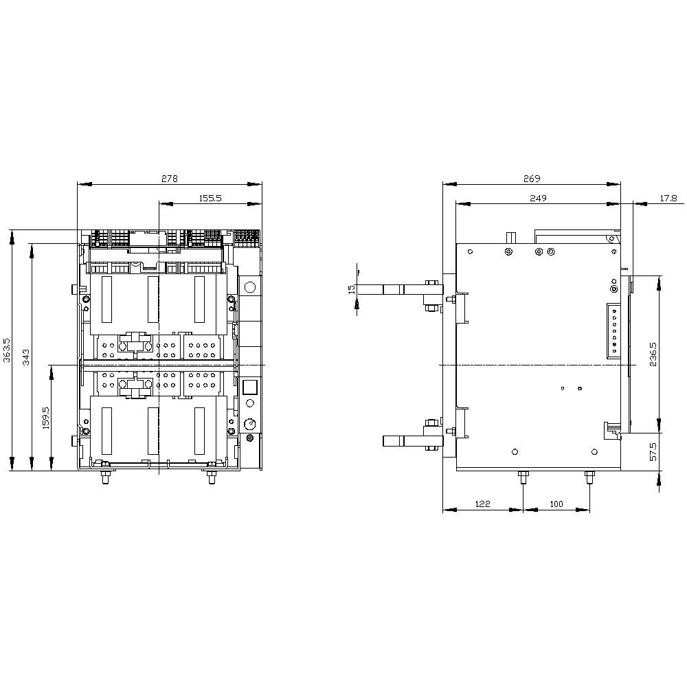 Rysunek techniczny elektrycznej szafy rozdzielczej z dokładnymi wymiarami i podłączeniami z dwóch perspektyw.