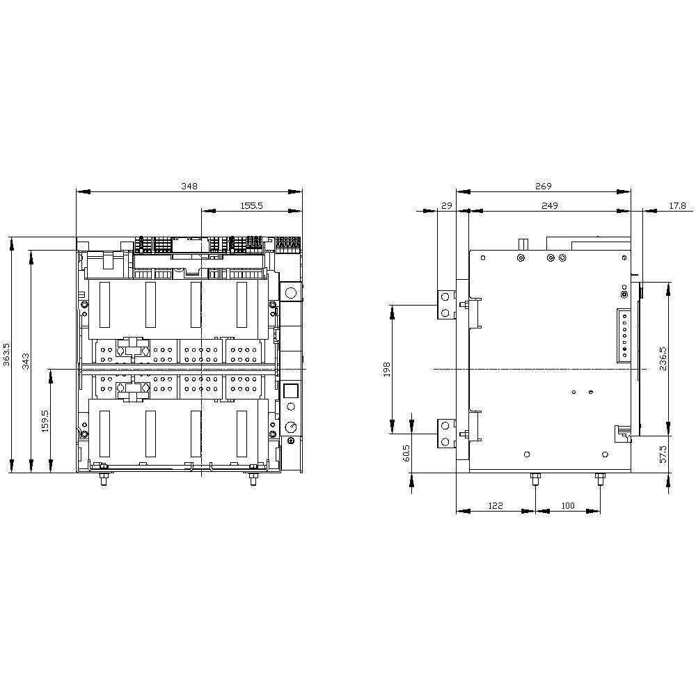 Rysunek techniczny urządzenia ze szczegółowymi wymiarami w milimetrach. Przedstawiono widok z przodu i z boku.