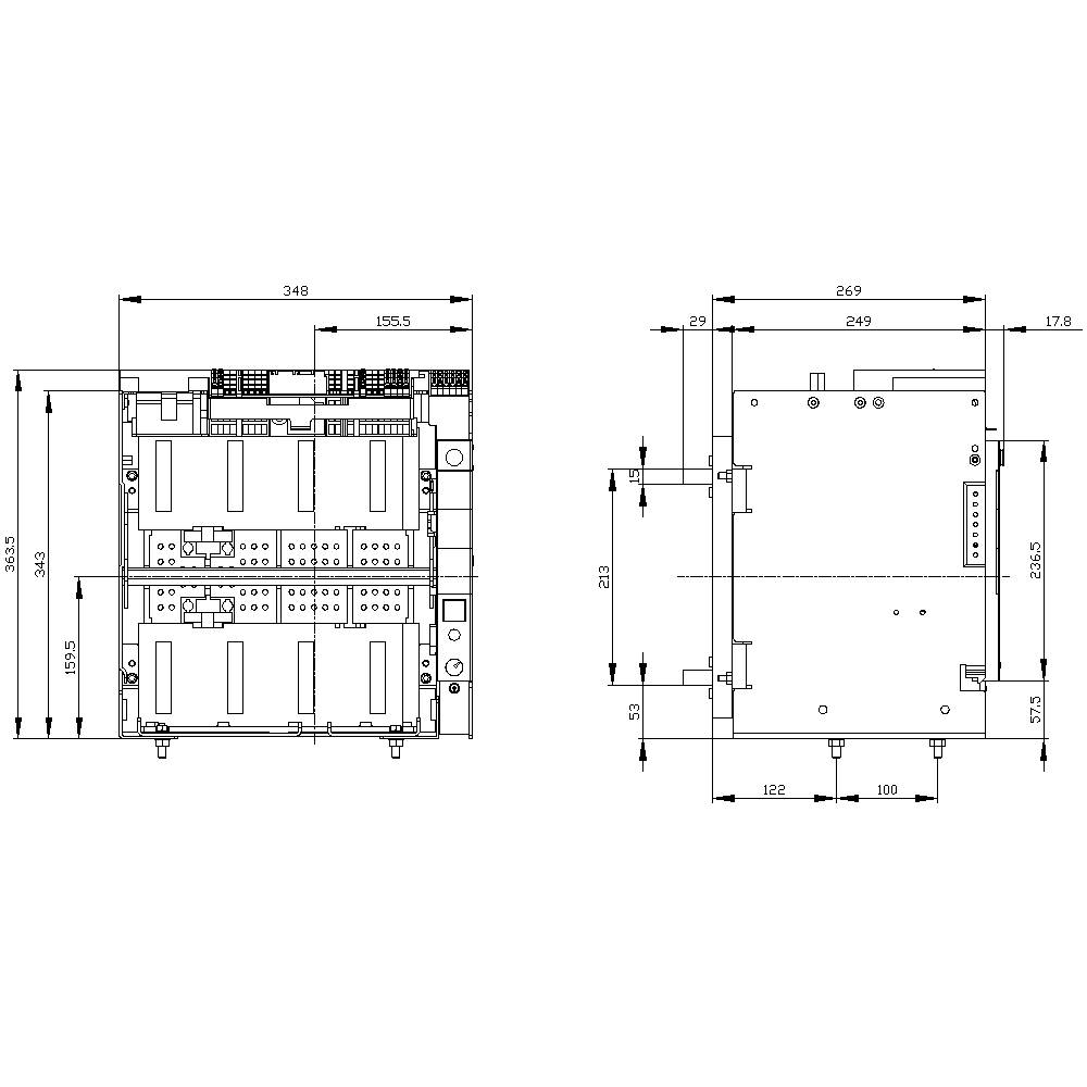 Rysunek techniczny prostokątnego urządzenia z podanymi wymiarami. Przedstawione są widoki z przodu i z boku, w tym wysokość, szerokość oraz złącza.