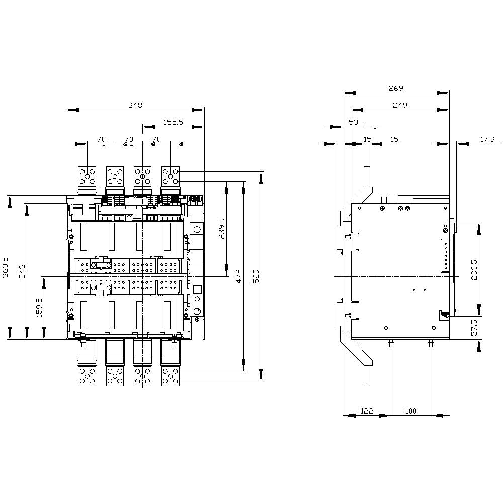 Rysunek techniczny wyłącznika elektrycznego, przedstawiający widoki czołowe i boczne z szczegółowymi wymiarami i oznaczeniami.