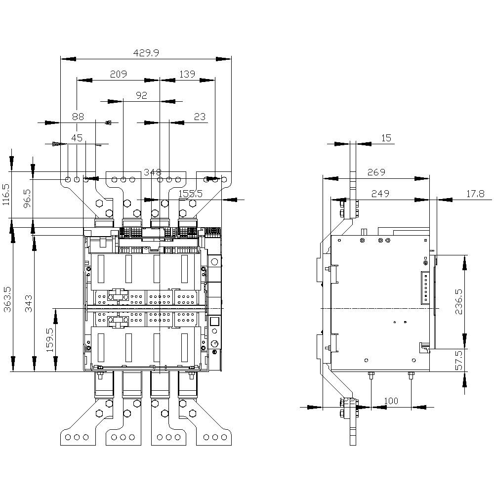 Rysunek techniczny elementu elektrycznego ze szczegółowymi wymiarami oraz widokami z przodu i z boku.