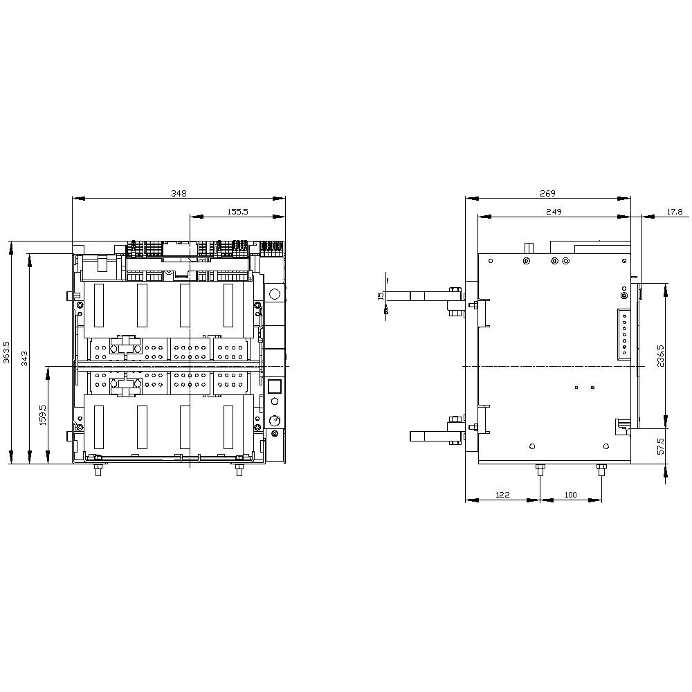 Rysunek techniczny prostokątnego urządzenia elektronicznego z wymiarami w milimetrach; przedstawia widok z przodu i z boku.