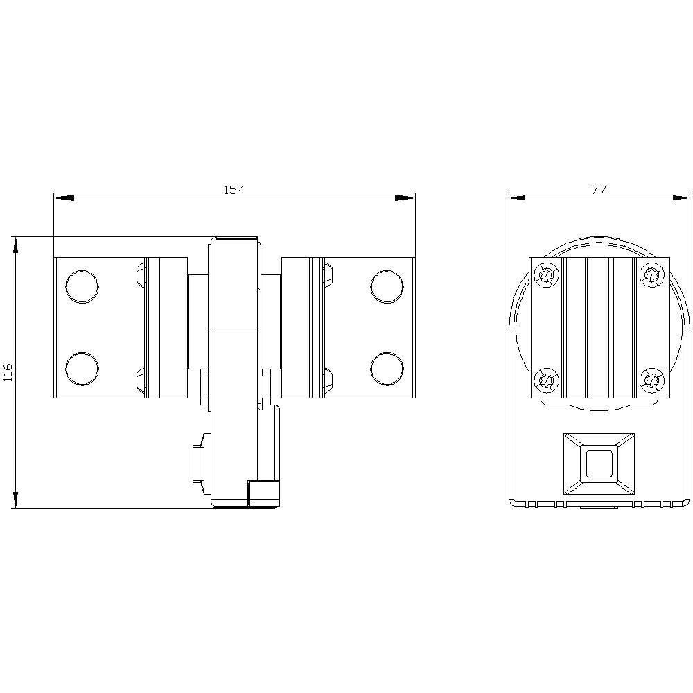 Rysunek techniczny zawiasu z wymiarami: szerokość 154 mm, wysokość 116 mm, widok z boku przedstawia element o długości 77 mm.