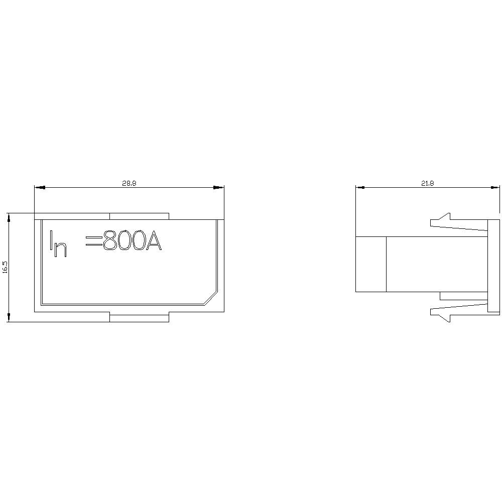 Rysunek techniczny elementu elektrycznego z oznaczeniem 'In = 800A', przedstawiający wymiary i gabaryty elementu.