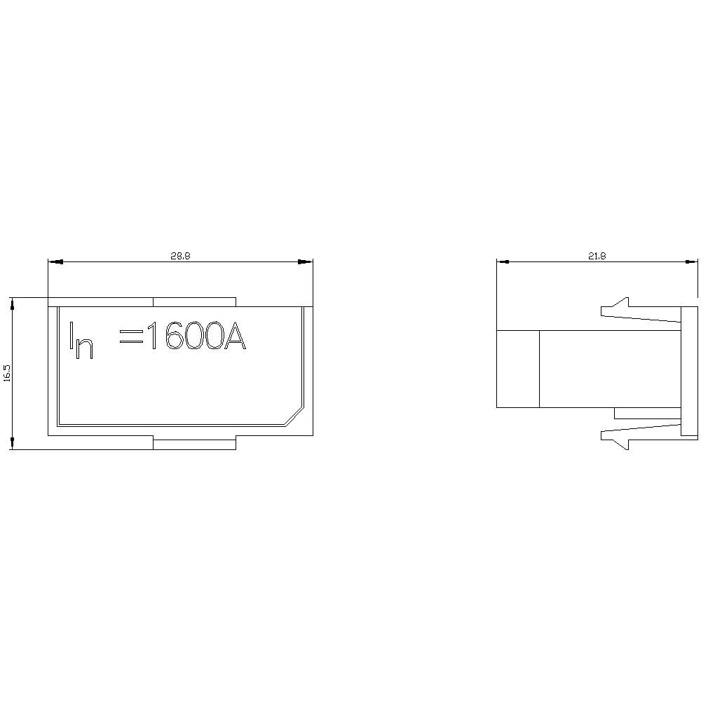 Szkic elementu elektrycznego z oznaczeniem 'In = 1600A' o wymiarach 283 mm (szerokość) x 74,5 mm (wysokość).