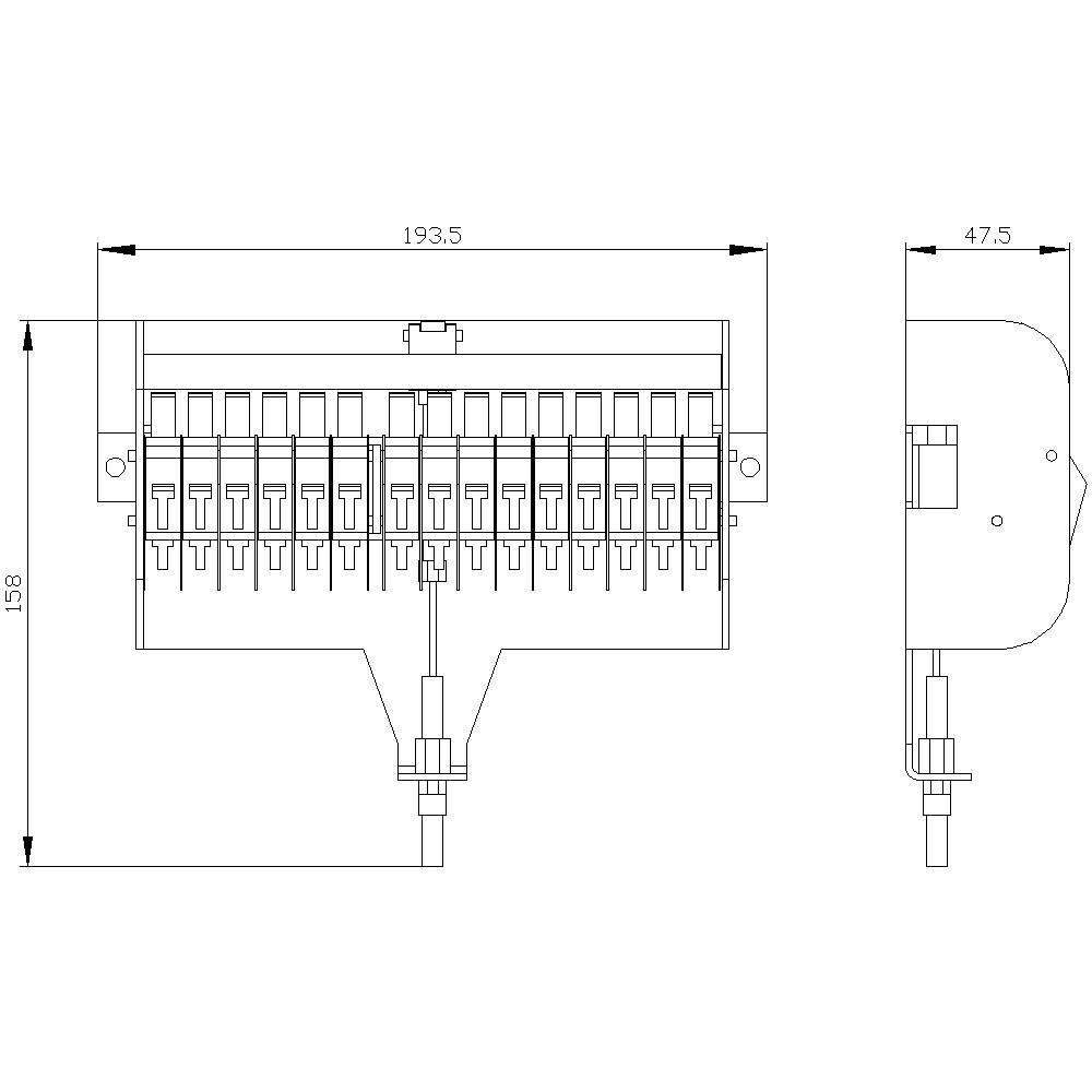 Rysunek techniczny rozdzielnicy elektrycznej z wymiarami: szerokość 193,5 mm, głębokość 47,5 mm, wysokość 158 mm; widok z przodu i z boku.
